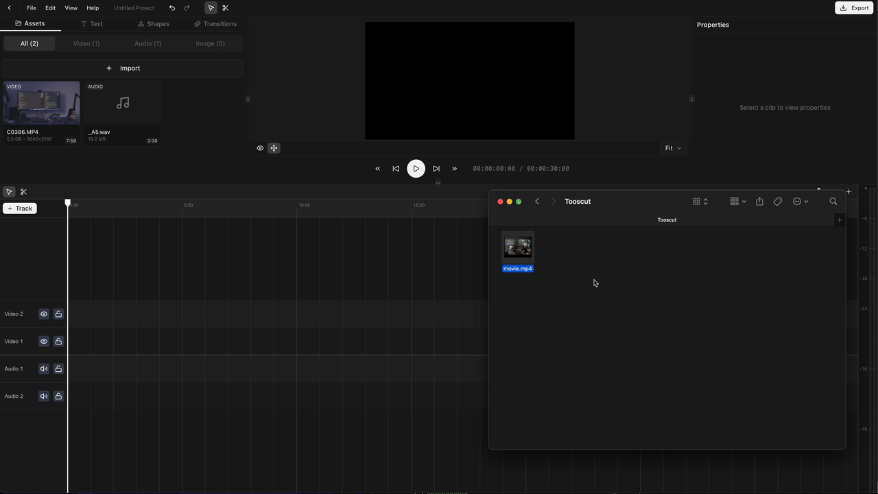 Screenshot: Dragging an asset from the asset panel onto the timeline